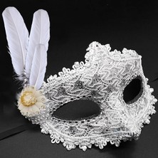 Marsilyan Beyaz Renk Tüylü Dantelli Gözleri Taşlı Balo Parti Maskesi