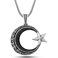 Gümüş Zirkon Taşlı Motifli Ay Yıldız Erkek Kolye