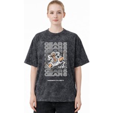 Sevbano Tasarım Monkey D. Luffy Gear 5 One Piece Anime Baskılı Unisex Oversize Eskitme Yıkamalı Tişört