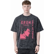 Sevbano Tasarım Eren Yeager Attack On Titan Anime Baskılı Unisex Oversize Eskitme Yıkamalı Tişört