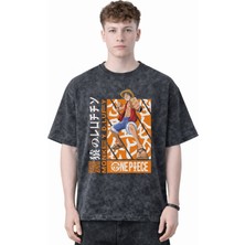 Sevbano Tasarım Monkey D. Luffy One Piece Anime Baskılı Unisex Oversize Eskitme Yıkamalı Tişört