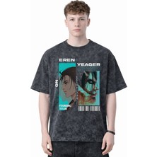 Sevbano Tasarım Eren Yeager Attack On Titan Anime Baskılı Unisex Oversize Eskitme Yıkamalı Tişört