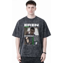 Sevbano Tasarım Eren Yeager Attack On Titan Anime Baskılı Unisex Oversize Eskitme Yıkamalı Tişört