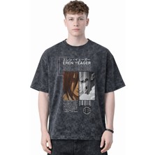Sevbano Tasarım Eren Yeager Attack On Titan Anime Baskılı Unisex Oversize Eskitme Yıkamalı Tişört