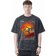 Sevbano Tasarım Chainsaw Man Devil Hunter Anime Baskılı Unisex Oversize Eskitme Yıkamalı Tişört