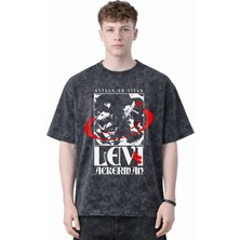 Sevbano Tasarım Levi Ackerman Attack On Titan Anime Baskılı Unisex Oversize Eskitme Yıkamalı Tişört