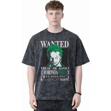 Sevbano Tasarım Wanted Roronoa Zoro One Piece Anime Baskılı Unisex Oversize Eskitme Yıkamalı Tişört