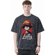Sevbano Tasarım Monkey D. Luffy One Piece Anime Baskılı Unisex Oversize Eskitme Yıkamalı Tişört