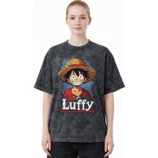 Sevbano Tasarım Monkey D. Luffy One Piece Anime Baskılı Unisex Oversize Eskitme Yıkamalı Tişört