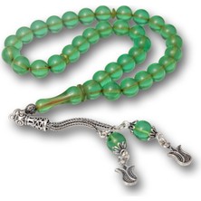 Gümüş Püsküllü Yeşil Yuvarlak Sıkma Kehribar Tesbih