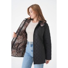 Mg Otantik Leopar Desenli Kapitone Kaban Mont Kadın Büyük Beden Kapüşonlu Fermuarlı Çıtçıtlı