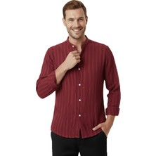 Deepsea Bordo Çizgi Dokulu Hakim Yaka Rahat Kalıp Kırışık Viskon Keten Erkek Gömlek 2602621