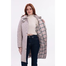 Mg Otantik Mevsimlik Kapitone Kaban Mont Kadın Büyük Beden Uzun Kapüşonlu Ekoseli - Dar Kalıp