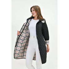 Mg Otantik Mevsimlik Kapitone Kaban Mont Kadın Büyük Beden Uzun Kapüşonlu Ekoseli - Dar Kalıp