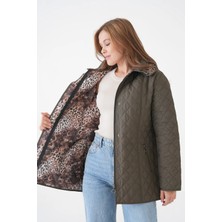 Mg Otantik Leopar Desenli Kapitone Kaban Mont Kadın Büyük Beden Kapüşonlu Fermuarlı Çıtçıtlı