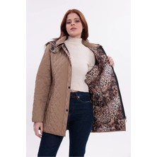Mg Otantik Leopar Desenli Kapitone Kaban Mont Kadın Büyük Beden Kapüşonlu Fermuarlı Çıtçıtlı