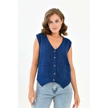 Mg Otantik Kadın %100 Pamuk Cepken Önden Düğmeli Müslin Yelek Bluz