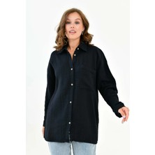 Mg Otantik Kadın %100 Pamuk Siyah Müslin Gömlek