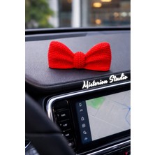 MisterionStudio 2li Kırmızı Örgü Desenli Fiyonk Dikiz Aynası ve Torpido Süsü Araba Süsü- Araç Aksesuar