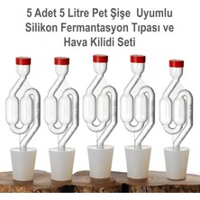 Mvinyo 5 Adet 5 Litre Pet Şişe Uyumlu Silikon Fermantasyon Tıpası ve 5 Adet Hava Kilidi Airlock ile