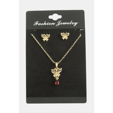 Zero Land Hnrlishp Kelebek Zirkon Taşlı Set Kolye-Kırmızı