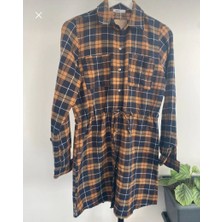 Kahverengi Oduncu Kumas Uzun Kol Belden Bağcıklı Gömlek Elbise