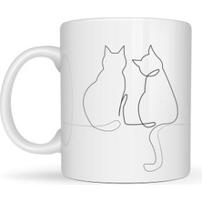 Maarketim Minimal Çizim İki Kedi Desenli Porselen Kupa MODEL 77 – Sevgi Temalı Şık Tasarım, Kahve & Çay Kupası