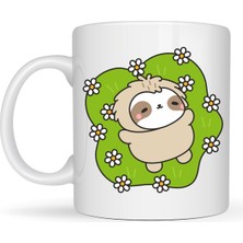 Maarketim Çiçekli Tembel Hayvan Desenli Porselen Kupa MODEL 110 – Sevimli Sloth Tasarımlı Kahve Kupası , Huzur Veren Hediye