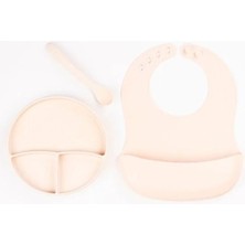 Esranın Dünyası Krem Rengi 3’lü Silikon Yemek Seti – Önlük + Diş Kaşıyıcılı Kaşık + Vakumlu Tabak