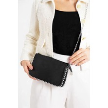 Sevmine Night Black Kristal İşlemeli Mini Clutch – Siyah Metalik Dokulu Lüks Gece Çantası