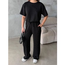 Aksesuarista.co Kadın Taşlı Siyah Modal Kumaş Eşofman Takım