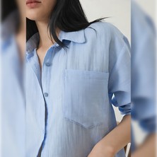 Arda Ege Kadın Oversize Cepli Mavi Müslin Gömlek %100 Pamuk