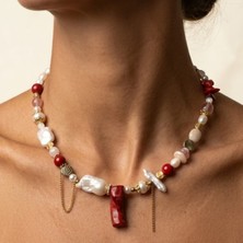 THEIA GemWorks Vivida - Çilek Kuvars, Morganit, Akik, Mercan, Selenit, Hematit, Mayorka İnci & Barok İnci Kolye