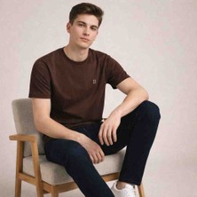 Erkek Kahverengi Basic T-Shirt Slim Fit Bisiklet Yaka Pamuklu Günlük Erkek Tişört
