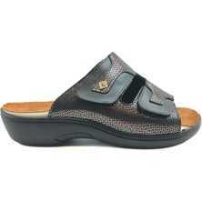 Ortoplus Kadın Deri Ortopedik Tabanı Çıkan Terlik Y1003 Siyah Simli