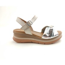 Ortoplus Deri Ortopedik Kadın Sandalet EL571 Krem / Gümüş