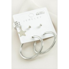 Zero Land Hnrlishp 5 Adet Yıldız Boru Halka Küpe 3,5 cm - Gümüş Rengi