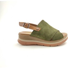 Ortoplus Deri Ortopedik Kadın Sandalet EL573 Haki Süet