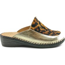 Ortoplus Kadın Deri Ortopedik Topuk Dikeni Kapalı Terlik Y1009 Altın Leopar