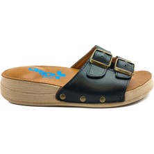 Ortoplus Topuk Dikenli Kemik Çıkıntılı Çift Bantlı Deri Kadın Terlik KT9006 Siyah