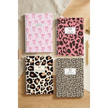 Notisyon A5 Spiralli Not Defteri 4'lü Set – Boş Yapraklı, 120 Sayfa, Leopar & Kurdela Temalı, Okul Defteri