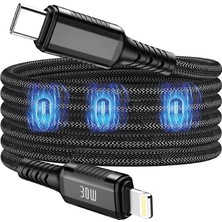 Avcı Teknoloji Market Mıknatıslı iPhone Lightning Şarj Kablosu 30W LED Işıklı Usb-C Lightning Kablo