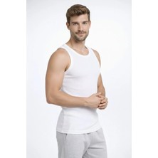 Giyim Center Erkek Fitilli Atlet Sıfır Yaka Slim Fit Arka Baskılı Spor Atlet - Beyaz