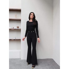 Qimya Butik Keyymod Kadın Kemeri Düğme Detaylı Ince Kumaş Ispanyol Paça Fitted Pantolon