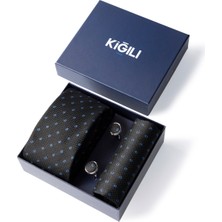 Kiğılı 3'lü Desenli Kravat & Mendil & Kol Düğmesi Hediye Kutulu Set
