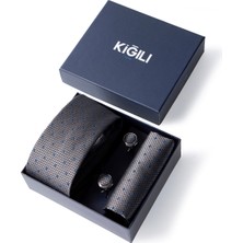 Kiğılı 3'lü Desenli Kravat & Mendil & Kol Düğmesi Hediye Kutulu Set