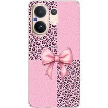 TechTree Vivo V60 Uyumlu Pembe Leopar Desenli ve Kurdele Baskılı Silikon Kılıf