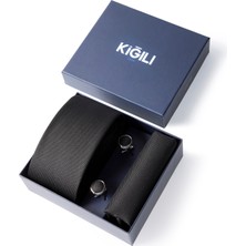 Kiğılı 3'lü Desenli Kravat & Mendil & Kol Düğmesi Hediye Kutulu Set
