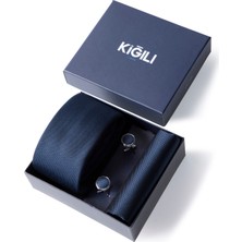 Kiğılı 3'lü Desenli Kravat & Mendil & Kol Düğmesi Hediye Kutulu Set