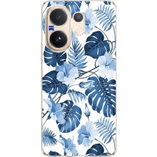 TechTree Vivo V60 Uyumlu Mavi Yaprak ve Çiçek Desenli Baskılı Silikon Kılıf